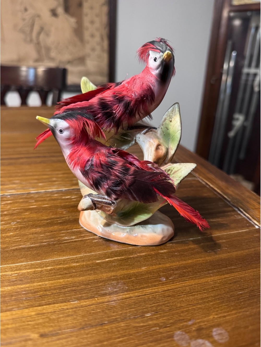Vintage UCAGCO Japan 3 Bird Figurine Real Feather Ceramic MCM 5.25”
